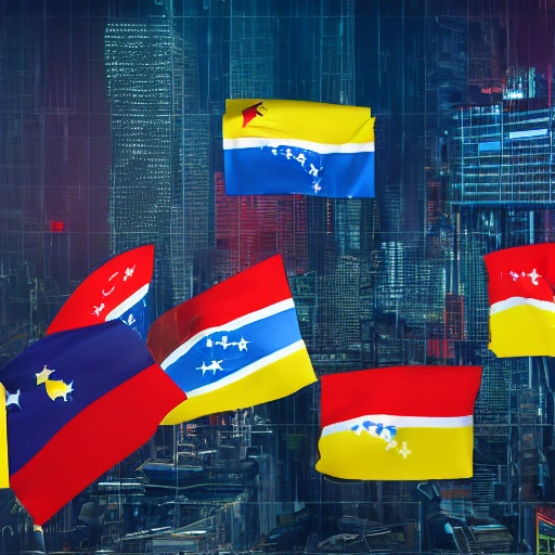 general view of 5 venezuela flags, detailed texture, spotlight, cyberpunk city, wired, multicolored, vibrant high contrast, hyperrealistic, photografic, 8k, epic ambient light, octane render