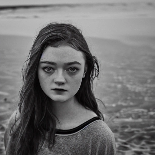 Sadie Sink in the beach. Photography, camera phone, f/1.2, portrait photos, beautiful day, contrast photos, fog focus, high definition, simetric face, 8k.