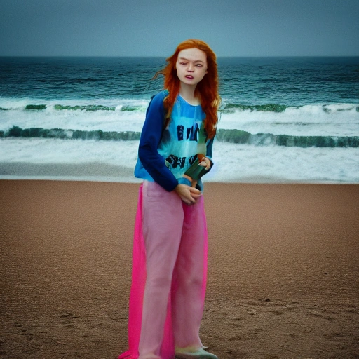 Sadie Sink in the beach. Photography, camera phone, viewing at camera , f/1.2, (colorful photos), beautiful day, contrast photos, fog focus, high definition, simetric face, 8k.