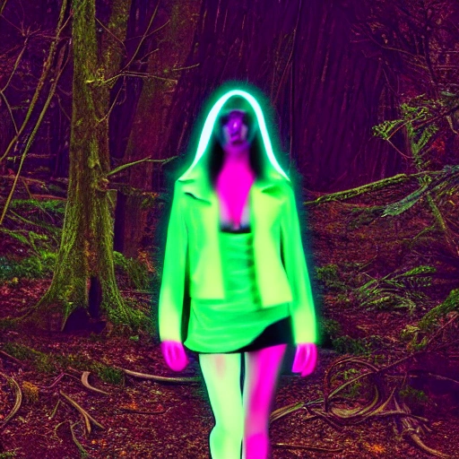 angry fashion model realistic in the woods. neon glow