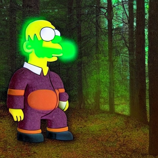 angry homer simpson realistic in the woods. neon glow