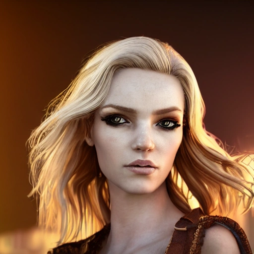 side close up portrait of 1 blonde girl, steampunk, windblown long hair, detailed face, spotlight, Barcelona city, multicolored, hyperrealistic, photografic, 4k, epic ambient light, octane render