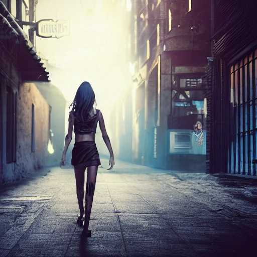 1 girl, walking, brown skin,  detailed face, tattoos, shadow effect, spotlight, city alley in the background, background blur, hyperrealistic, photografic, 8k, epic ambient light, octane render