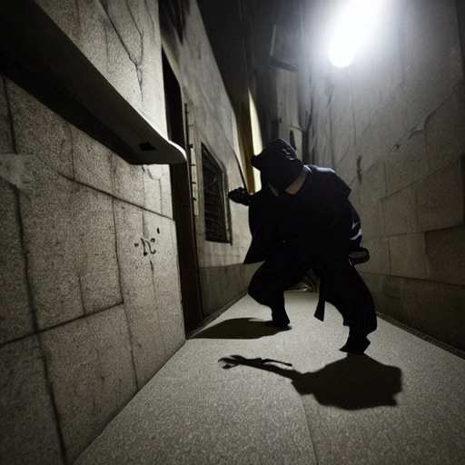 A Japanese Ninja stealthily crept through the shadows in the night, executing their mission with deadly precision.