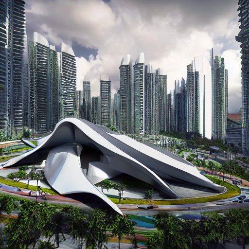 Caracas, Zaha Hadid One starship spacial modern architecture, parque del este Burle Marx, detailed texture, spotlight, cyberpunk city, wired, multicolored, vibrant high contrast, hyperrealistic, photografic, 8k, epic ambient light, octane render