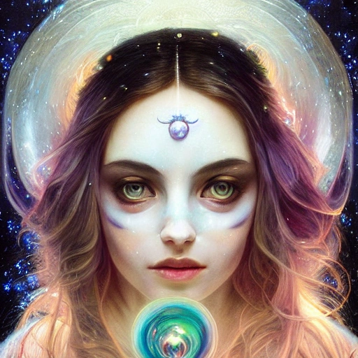 ultra realistic photo witch woman cosmic energy, color white painting burst, beautiful symmetrical face, nonchalant kind look, realistic round eyes, tone mapped, intricate, elegant, highly detailed, digital painting, artstation, concept art, smooth, sharp focus, illustration, dreamy magical atmosphere, art by artgerm and greg rutkowski and alphonse mucha, 4k, 8k