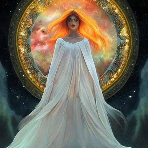 ultra realistic photo witch woman walking 
 cosmic energy, color white painting burst, beautiful symmetrical face, nonchalant kind look, realistic round eyes, tone mapped, intricate, elegant, highly detailed, digital painting, artstation, concept art, smooth, sharp focus, illustration, dreamy magical atmosphere, art by artgerm and greg rutkowski and alphonse mucha, 4k, 8k