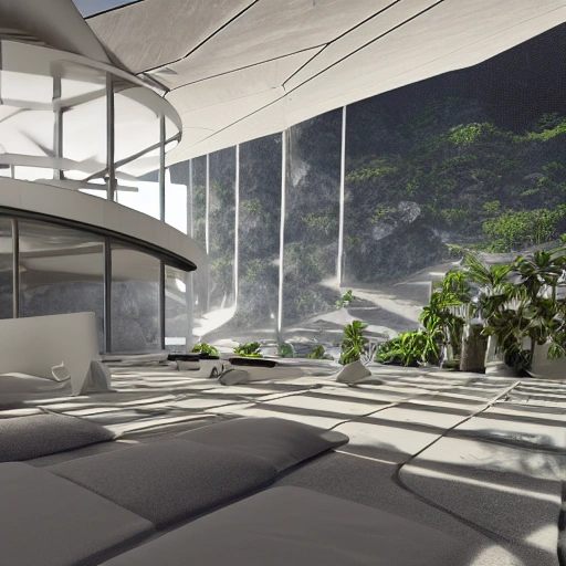 Caracas, futuristic room with a viewpoint towards an Outdoor setting as in caribbean landscapes, hyperrealistic, render, photorealism, architecture, photographic, 8k, epic ambient light, detailed