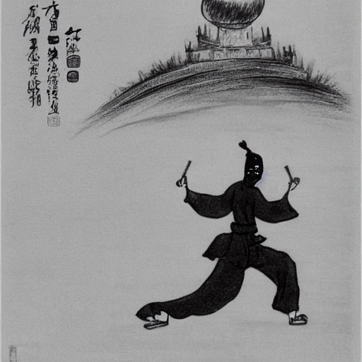 picture is in black and white 2d animation skinny chinese man in wudang kung fu suit
 pushing a giant ball up a hill. he is carrying a sword. with silouhette of a city in the background
, Pencil Sketch