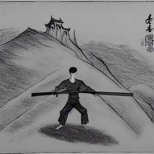 picture is in black and white 2d animation skinny chinese man in wudang kung fu suit
 pushing a giant ball up a hill. he is carrying a sword. with silouhette of a city in the background
, Pencil Sketch
