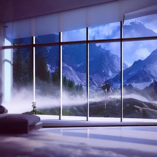 A futuristic room with a viewpoint towards an Outdoor setting as in Swiss landscapes and mountains, hyperrealistic, render, 
photorealistic, architecture, photographic, 8k, epic ambient light, elegant, luxurious, 4k, highest quality, detailed, high resolution photography, f/1.8, 85mm, trending on Instagram, (volumetric fog)