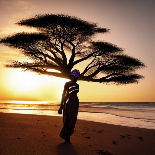 A photorealistic 8k resolution image of an African woman standing on a beach at sunset, the sun setting on the horizon casting a beautiful array of colors across the sky. She wears a traditional African headdress, her dark skin illuminated by the light of the sun. Behind her stands a majestic baobab tree, its roots winding into the sand.