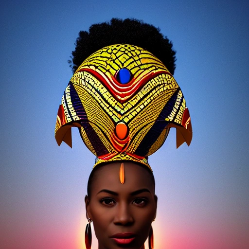 wright  an image prompt for generative art of a beautiful african women photorealistic 8k resolution image of a beautiful African woman at sunset, the sun setting on the horizon casting a beautiful array of colors across the sky. She wears a traditional African headdress, her dark skin illuminated by the light of the sun, portrait style,