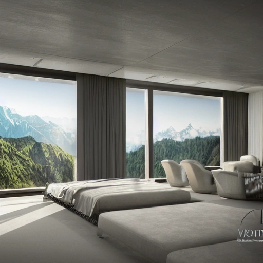 A futuristic room with a viewpoint towards an Outdoor setting as in Swiss landscapes, hyper-realistic render, 
photo realism, Achitecture