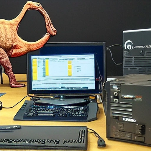 A dinosaur programming in a computer using linux and python, use hiperealismo