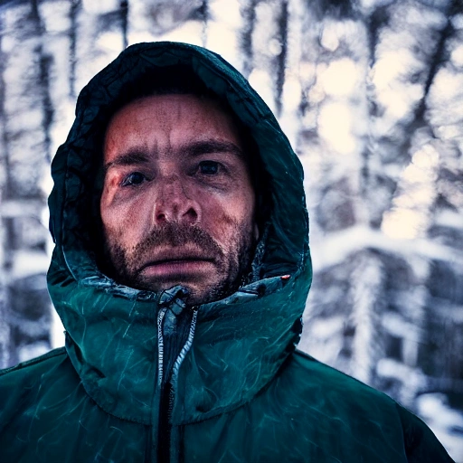 intense and mysterious man 40 years old slightly frightened wearing cold weather camping clothes in a cabin at night, looking into the camera, detailed, photorealistic, cinematic lights