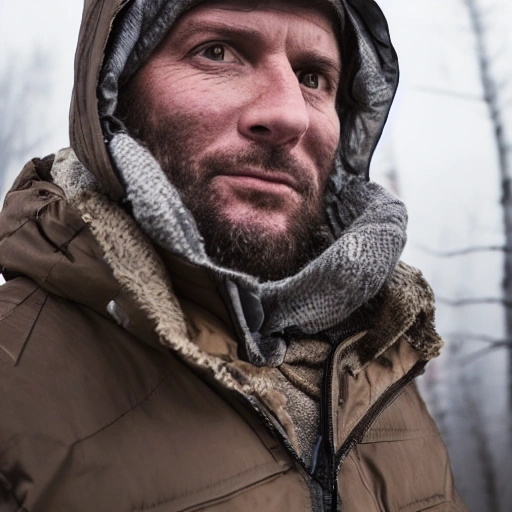 man 40 years old slightly frightened wearing cold weather camping clothes, cabin, night, looking into the camera, detailed, photorealistic, cinematic lights