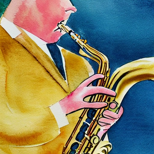 Man Playing Saxophone,detail face, Water Color