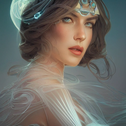 mdjrny-v4 style portrait of a beautiful bride, futuristic, intricate, elegant, highly detailed, digital painting, artstation, concept art, smooth, sharp focus, illustration, art by artgerm and greg rutkowski and alphonse mucha, 8k , 3D, Trippy