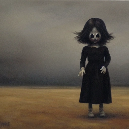 terrifying creature lurking from afar, doll, full body, faceless children, twisted posture, gloomy landscape, asymmetrical, eerie atmosphere, black and withe, Oil Painting