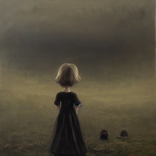 terrifying creature lurking from afar, doll, full body, faceless children, twisted posture, gloomy landscape, asymmetrical, eerie atmosphere, black and withe, Oil Painting