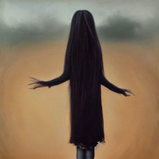 terrifying, woman, long hair, eyes, doll, full body, faceless children, twisted posture, gloomy landscape, asymmetrical, eerie atmosphere, black and withe, Oil Painting