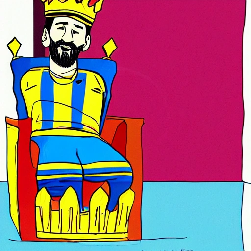 Lionel Messi in a throne with a crown and the world cup, Cartoon