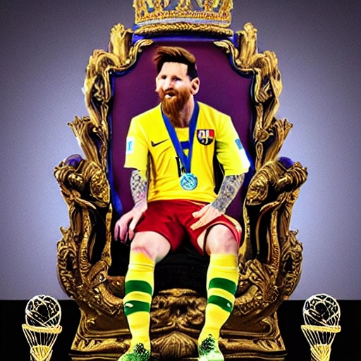 Lionel Messi in a throne with a crown and the world cup, 3D