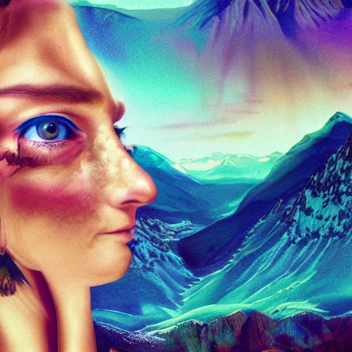 A WOMAN IN THE MOUNTAIN, , HYPERREALISTIC, 4K, Trippy