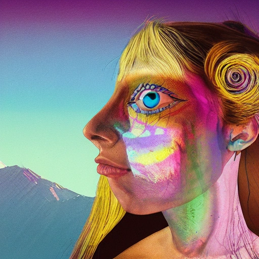 A WOMAN IN THE MOUNTAIN, , HYPERREALISTIC, 4K, Trippy, Cartoon