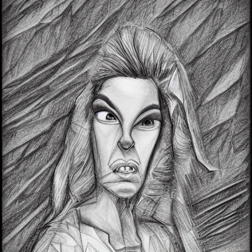 A WOMAN IN THE MOUNTAIN, , HYPERREALISTIC, 4K, Trippy, Cartoon, 3D, Pencil Sketch