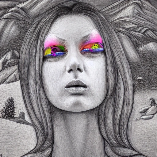 A WOMAN IN THE MOUNTAIN, , HYPERREALISTIC, 4K, Trippy, Cartoon, 3D, Pencil Sketch, Oil Painting