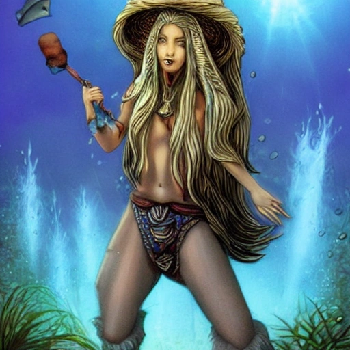 water wizard, attractive, wizard hat, pale-skinned, long hair, brunette hair, with pufferfish familiar, full-length style of DiTirlizz planescape