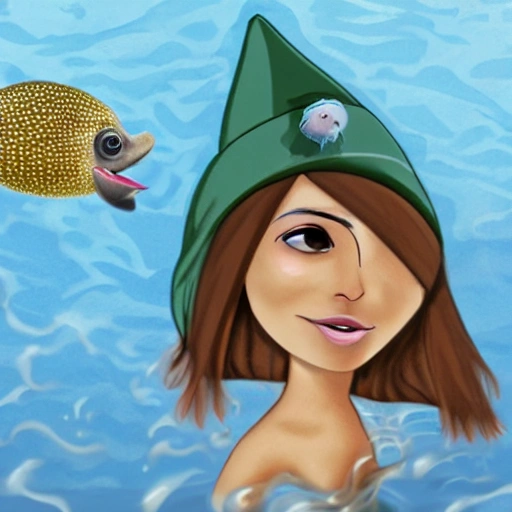 water wizard, attractive, wizard hat, pale-skinned, long hair, brunette hair, with pufferfish familiar
, Cartoon