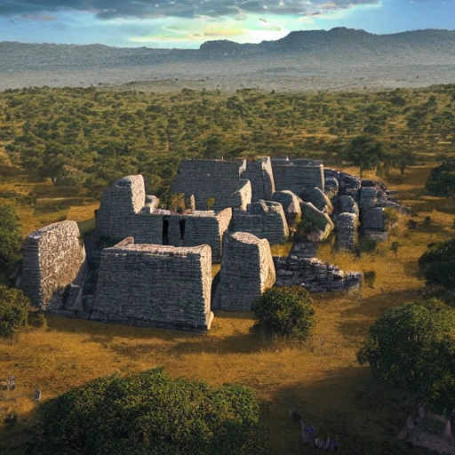 Eye level view of Great Zimbabwe at dusk on a sunny day, showcasing the grand stone structures and towering walls of the ancient city, surrounded by rolling hills and savanna grasslands. People in traditional clothing can be seen going about their daily activities, masterpiece, Ultra Detailed, Hyper-realistic, environment concept art by Unreal Engine.