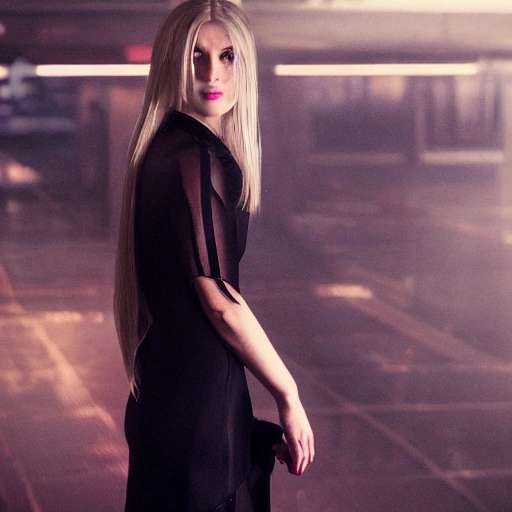 blonde woman red eyes wearing a long flowing black dress, in a bladerunner dystopian future
