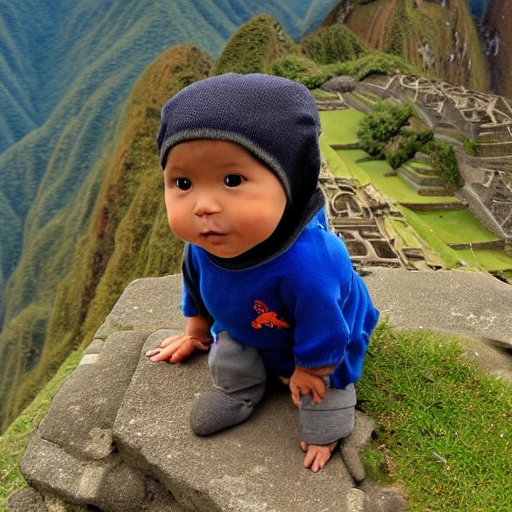 bebe dinosaurio tierno, vestido de explorador, en Machupicchu. ultrarealista