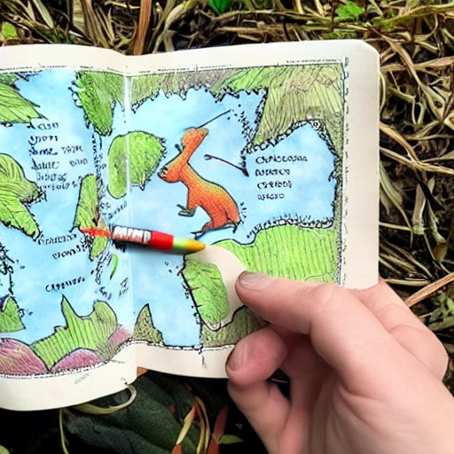 /imagine  mini dino, reading a map, with a compass on the neck,, in the jungle, hyper realistic