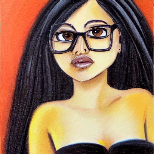 latin girl , brown skin, glasses, black long hair, Oil Painting, Cartoon