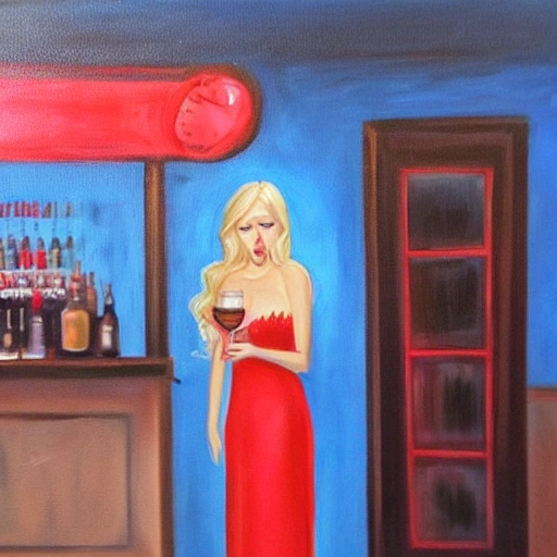 blonde woman blue eyes wearing a long flowing red dress, requesting a cocktail at a bar, on new years eve, in a bladerunner dystopian future, Oil Painting