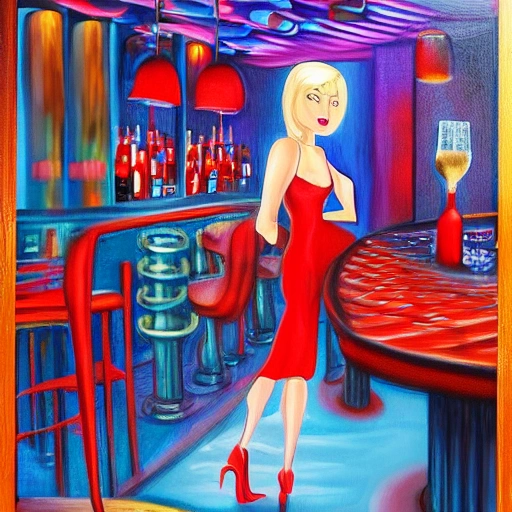 blonde woman blue eyes wearing a long flowing red dress, requesting a cocktail at a bar, on new years eve, in a bladerunner dystopian future, Oil Painting, Trippy