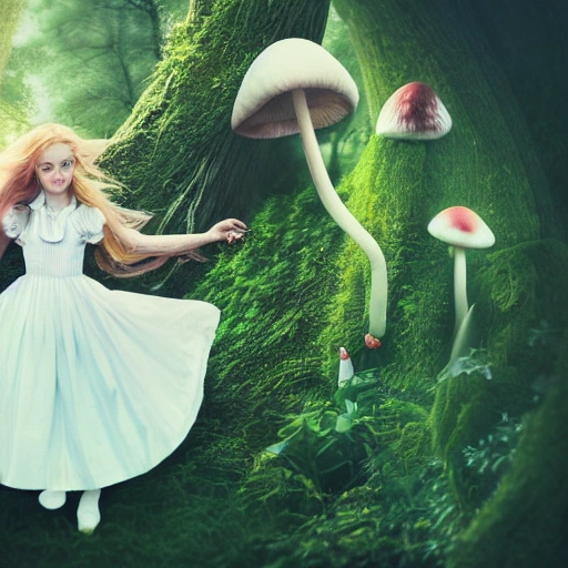 (portrait of Alice In Wonderland), ((young girl playing with a white bunny)), cute heartwarming friendship,  blue eyes, (long floating hair), ((magical mushroom forest environment)), sunlight, dreamy atmosphere, (fantasy), intricate, highly detailed, sharp focus, low angle view, (centered image composition), professionally color graded, masterpiece, trending on artstation, hdr 4k, 8k, ((samdoesarts))