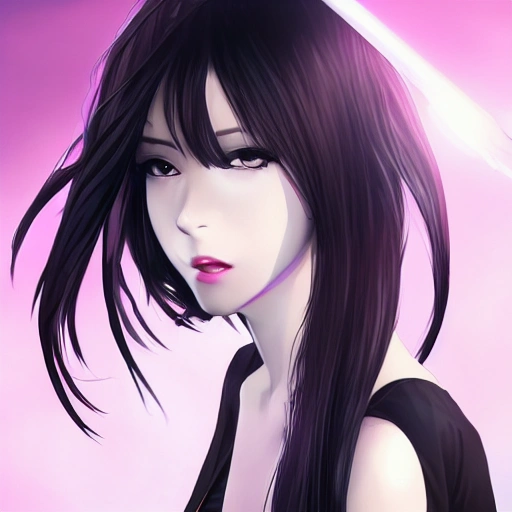 pretty girl face, long black hair, tall skinny full body, standi ...