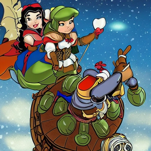 Seven turtle knights rescue Snow White, steampunk style, Cartoon