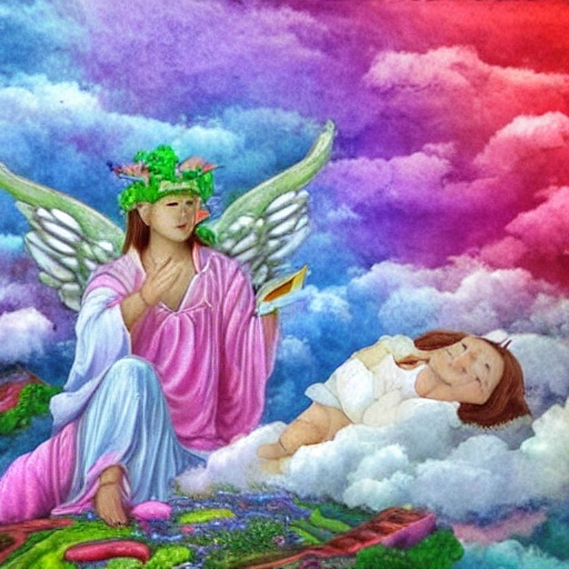 In the colorful clouds, there is a Tongtian pea growing, the largest leaf of the pea has a crystal hut, there is an angel in the hut, and an angel reading a book on the clouds outside, Water Color, 3D