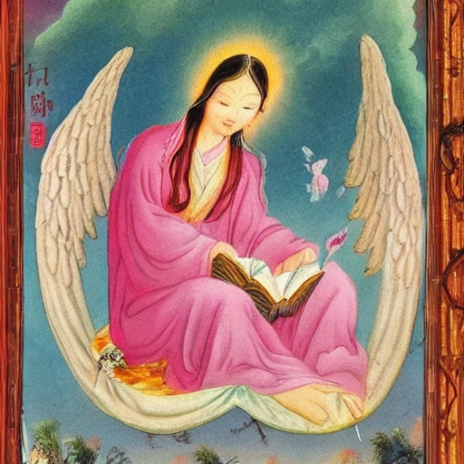 In the colorful clouds, there is a Tongtian pea growing, the largest leaf of the pea has a crystal hut, there is an angel in the hut, and an angel reading a book on the clouds outside, Water Color, 3D