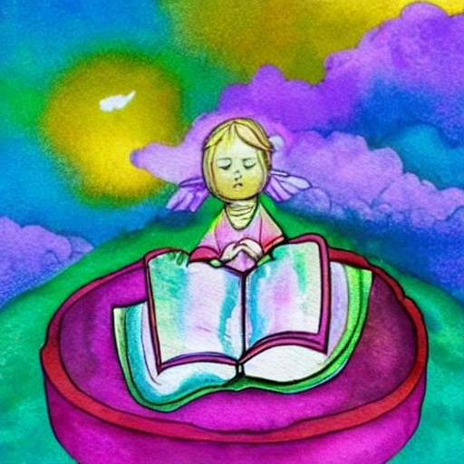 In the colorful clouds, there is a Tongtian pea growing, the largest leaf of the pea has a crystal hut, there is an angel in the hut, and an angel reading a book on the clouds outside, Water Color, 3D, 3D, Water Color