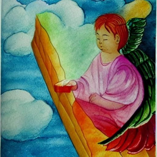 In the colorful clouds, there is a Tongtian pea growing, the largest leaf of the pea has a crystal hut, there is an angel in the hut, and an angel reading a book on the clouds outside, Water Color, 3D, 3D, Water Color, Oil Painting