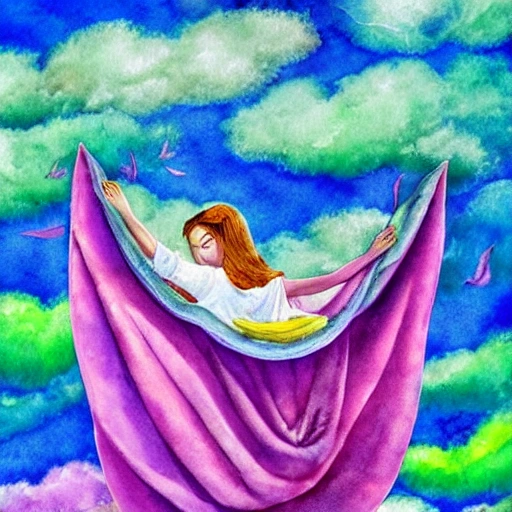 In the colorful clouds, there is a Tongtian pea growing, the largest leaf of the pea has a crystal hut, there is an angel in the hut, and an angel reading a book on the clouds outside, Water Color, 3D, 3D, Water Color, Oil Painting, Trippy