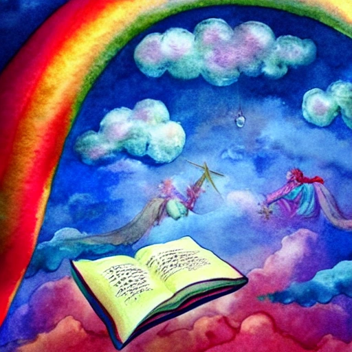 In the colorful clouds, there is a Tongtian pea growing, the largest leaf of the pea has a crystal hut, there is an angel in the hut, and an angel reading a book on the clouds outside, Water Color, 3D, 3D, Water Color, Oil Painting, Trippy, Cartoon